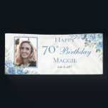 Elegant Blauw Roos Bloemen Lijst 70ste Verjaardags Spandoek<br><div class="desc">Elegant blauw en wit met schemerige salie groen groen groen bloemenfeest lijst "Happy Birthday" feestviering ontwerp.</div>