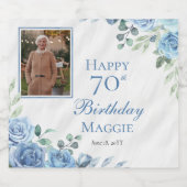 Elegant Blauw Roos Bloemen Lijst 70ste Verjaardags Sparkling Wijnetiket (Enkel label)