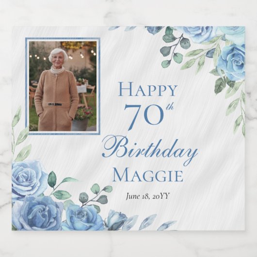 Elegant Blauw Roos Bloemen Lijst 70ste Verjaardags Sparkling Wijnetiket (Enkel label)