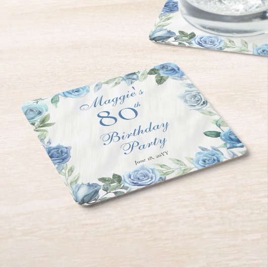 Elegant Blauw Roos Bloemen Lijst 80ste Verjaardags Kartonnen Onderzetters (Schuin)