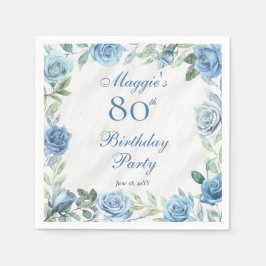 Elegant Blauw Roos Bloemen Lijst 80ste Verjaardags Servet