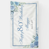 Elegant Blauw Roos Bloemen Lijst 80ste Verjaardags Spandoek (Verticaal)