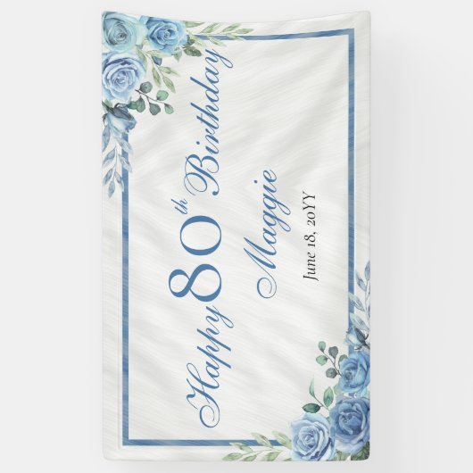 Elegant Blauw Roos Bloemen Lijst 80ste Verjaardags Spandoek (Verticaal)