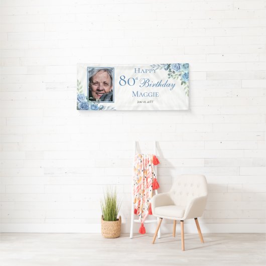 Elegant Blauw Roos Bloemen Lijst 80ste Verjaardags Spandoek (Insitu)