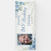 Elegant Blauw Roos Bloemen Lijst 80ste Verjaardags Spandoek (Verticaal)