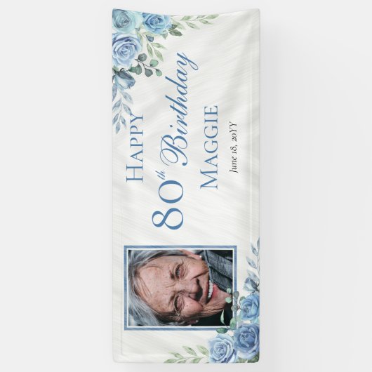 Elegant Blauw Roos Bloemen Lijst 80ste Verjaardags Spandoek (Verticaal)