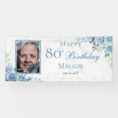 Elegant Blauw Roos Bloemen Lijst 80ste Verjaardags Spandoek (Horizontaal)