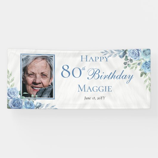 Elegant Blauw Roos Bloemen Lijst 80ste Verjaardags Spandoek (Horizontaal)