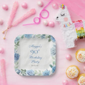 Elegant Blauw Roos Bloemen Lijst 90ste Verjaardags Papieren Bordje (Feest)