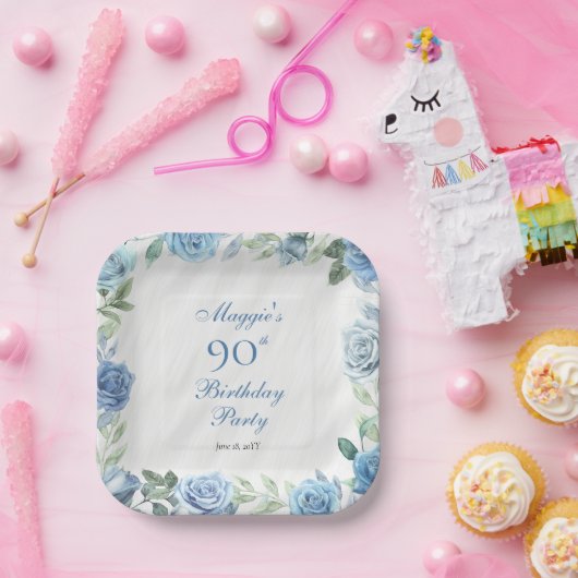 Elegant Blauw Roos Bloemen Lijst 90ste Verjaardags Papieren Bordje (Feest)