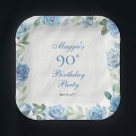 Elegant Blauw Roos Bloemen Lijst 90ste Verjaardags Papieren Bordje<br><div class="desc">Elegant blauw en wit met schemerige salie groen groen groen bloemenfeest lijst verjaardagsfeest viering ontwerp.</div>