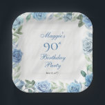 Elegant Blauw Roos Bloemen Lijst 90ste Verjaardags Papieren Bordje<br><div class="desc">Elegant blauw en wit met schemerige salie groen groen groen bloemenfeest lijst verjaardagsfeest viering ontwerp.</div>