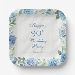 Elegant Blauw Roos Bloemen Lijst 90ste Verjaardags Papieren Bordje