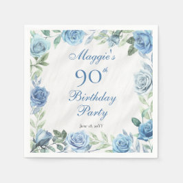 Elegant Blauw Roos Bloemen Lijst 90ste Verjaardags Servet