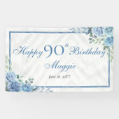 Elegant Blauw Roos Bloemen Lijst 90ste Verjaardags Spandoek (Horizontaal)