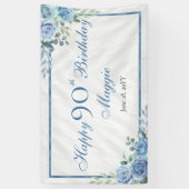 Elegant Blauw Roos Bloemen Lijst 90ste Verjaardags Spandoek (Verticaal)