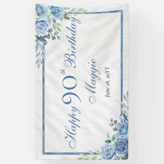 Elegant Blauw Roos Bloemen Lijst 90ste Verjaardags Spandoek (Verticaal)