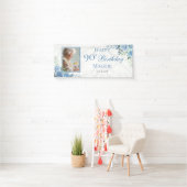 Elegant Blauw Roos Bloemen Lijst 90ste Verjaardags Spandoek (Insitu)