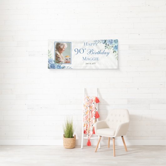 Elegant Blauw Roos Bloemen Lijst 90ste Verjaardags Spandoek (Insitu)