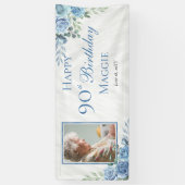 Elegant Blauw Roos Bloemen Lijst 90ste Verjaardags Spandoek (Verticaal)