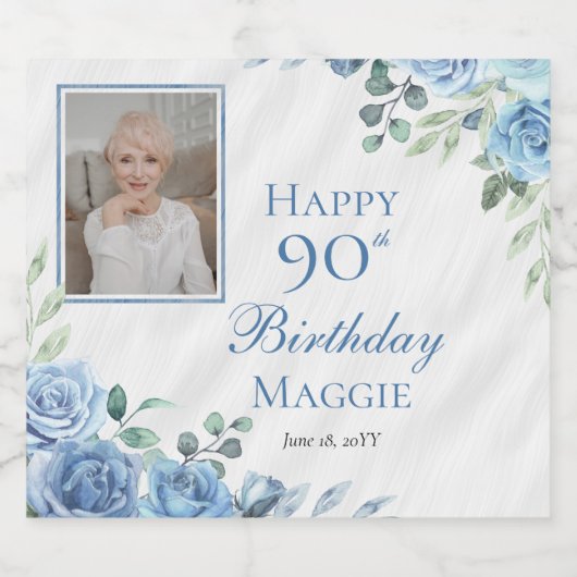 Elegant Blauw Roos Bloemen Lijst 90ste Verjaardags Sparkling Wijnetiket (Enkel label)