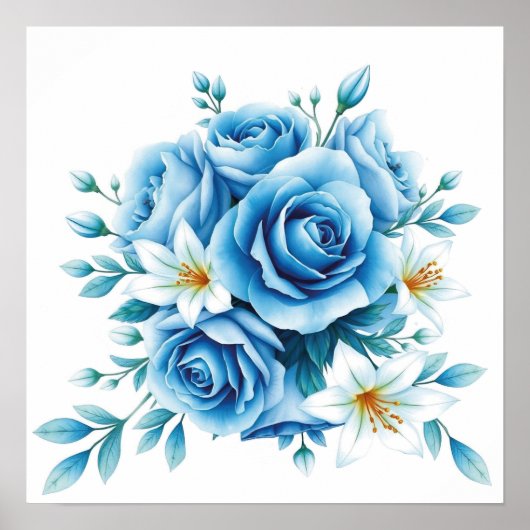 Elegant blauw Roos bloemwerk Poster (Voorkant)