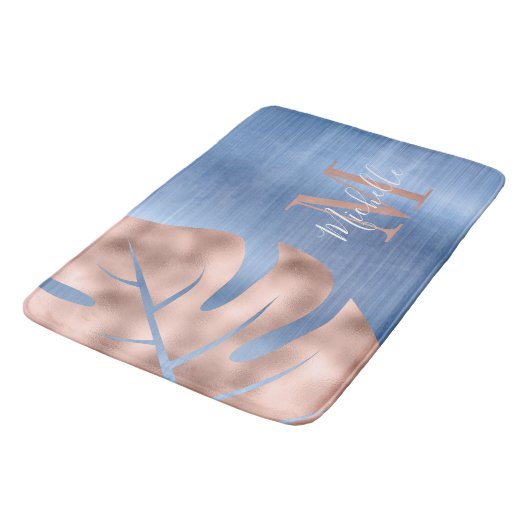 Elegant blauw Roos gouden palmblad monogram Badmat (Gekanteld)