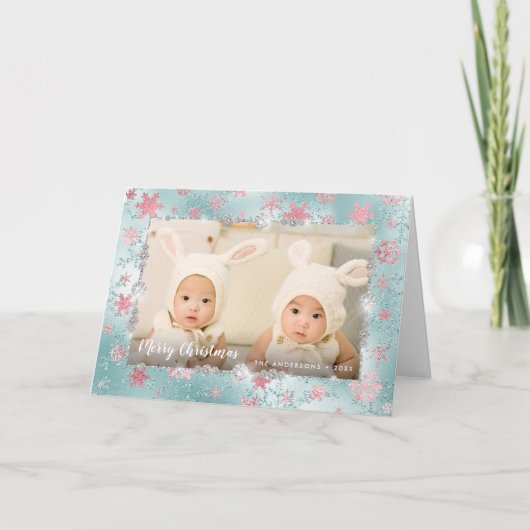 Elegant blauw roos gouden sneeuwvlokken, aangepast kaart (Voorkant)