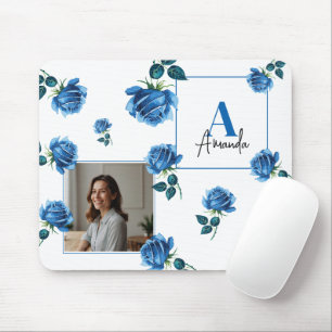 Elegant Blauw Roos Monogram Aangepaste Moeder Muismat