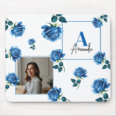 Elegant Blauw Roos Monogram Aangepaste Moeder Muismat (Voorkant)