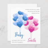 Elegant blauw roze ballonvarken onthullen uitnodig (Voorkant / Achterkant)