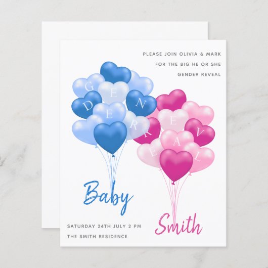 Elegant blauw roze ballonvarken onthullen uitnodig (Voorkant / Achterkant)