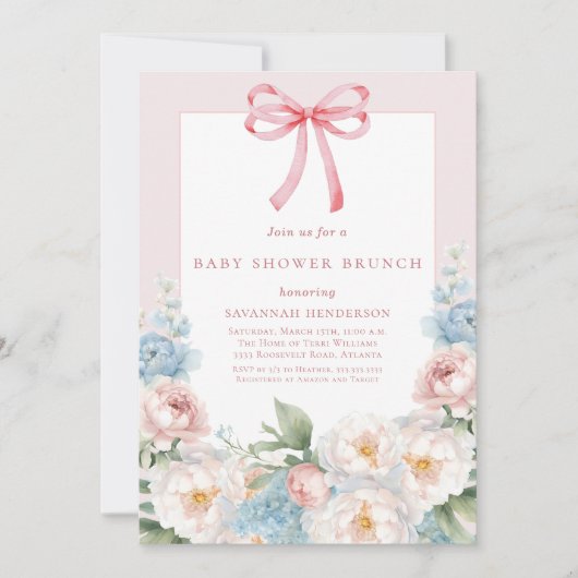 Elegant Blauw Roze Bloemen Bow Baby shower Brunch Kaart (Voorkant)