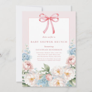 Elegant Blauw Roze Bloemen Bow Baby shower Brunch Kaart