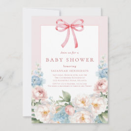 Elegant Blauw Roze Bloemen Bow Baby shower Kaart