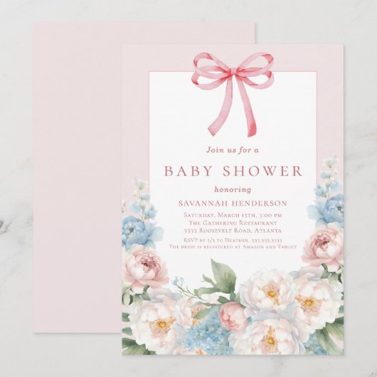 Elegant Blauw Roze Bloemen Bow Baby shower Kaart (Voorkant / Achterkant)