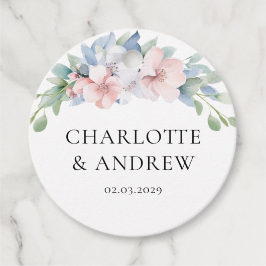 Elegant Blauw Roze Bloemen Bruiloft Bedankjes Labels (Voorkant)