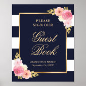 Elegant blauw roze bloemig bruiloftgastenboek bord poster (Voorkant)