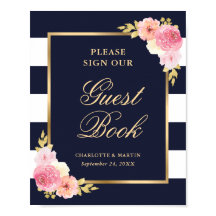 Elegant blauw roze bloemig bruiloftgastenboek bord