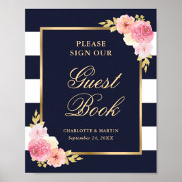 Elegant blauw roze bloemig bruiloftgastenboek bord poster
