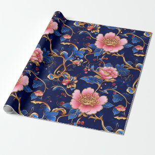 Elegant blauw roze bloemmotief cadeaupapier