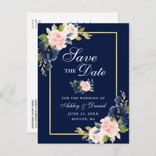 Elegant Blauw Roze Blush Bloemen Goud Save the Dat Aankondigingskaart (Voorkant / Achterkant)