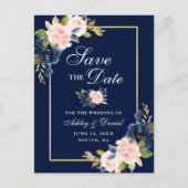 Elegant Blauw Roze Blush Bloemen Goud Save the Dat Aankondigingskaart (Voorkant)