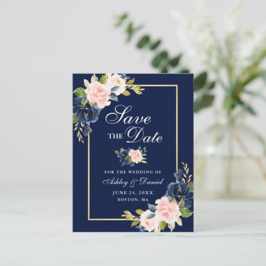 Elegant Blauw Roze Blush Bloemen Goud Save the Dat Aankondigingskaart (Staand voorkant)