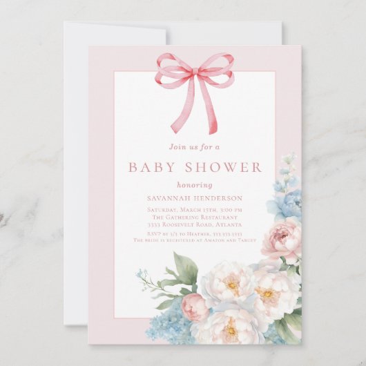 Elegant Blauw Roze Bow Bloemen Baby shower Kaart (Voorkant)