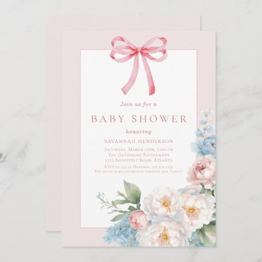 Elegant Blauw Roze Bow Bloemen Baby shower Kaart (Voorkant / Achterkant)