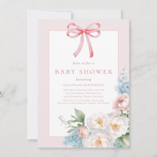 Elegant Blauw Roze Bow Bloemen Baby shower Kaart