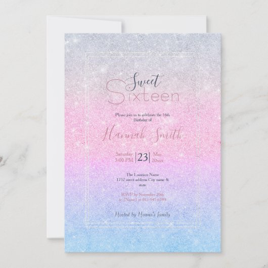 Elegant blauw roze zilver glitter design kaart (Voorkant)