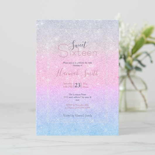Elegant blauw roze zilver glitter design kaart (Staand voorkant)
