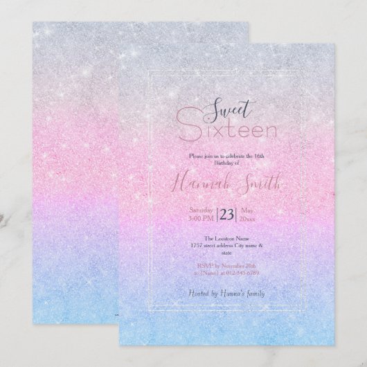 Elegant blauw roze zilver glitter design kaart (Voorkant / Achterkant)